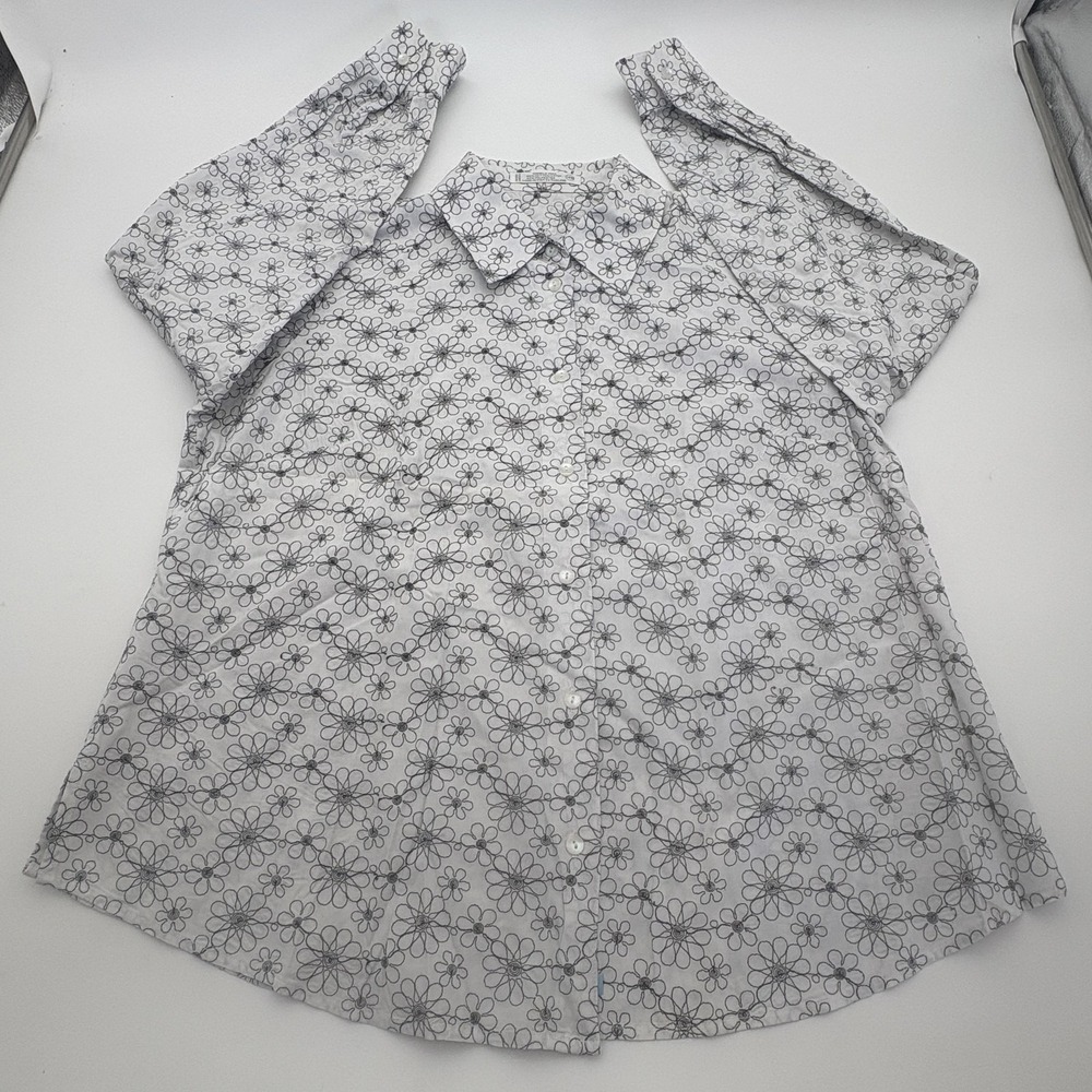 Floral Shirt Womens 14W White Wrinkle Free Button Up Long Sleeve Top Blouse